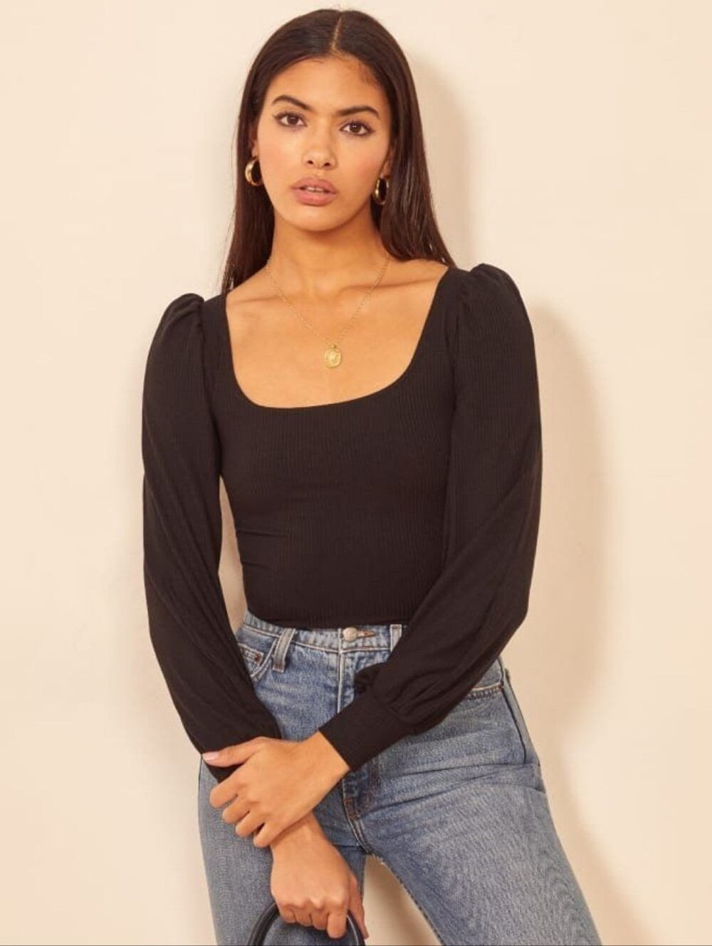 Reformation Vita Black Square-Neck Puff Sleeve Rib Top Size S